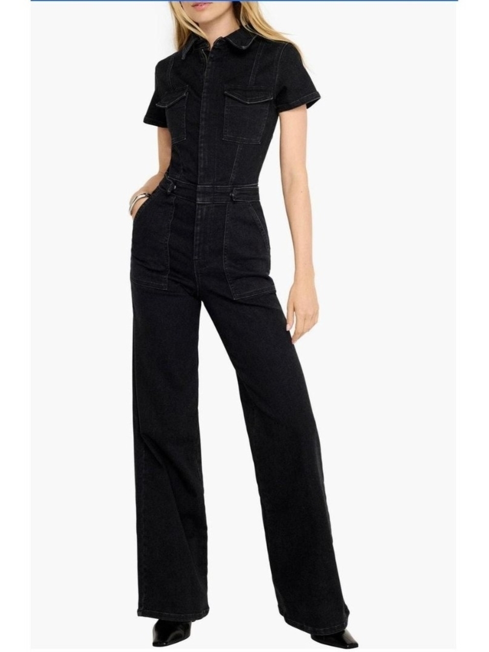 0704 Good American Black Short-Sleeve Denim Jumpsuit;‎ Small